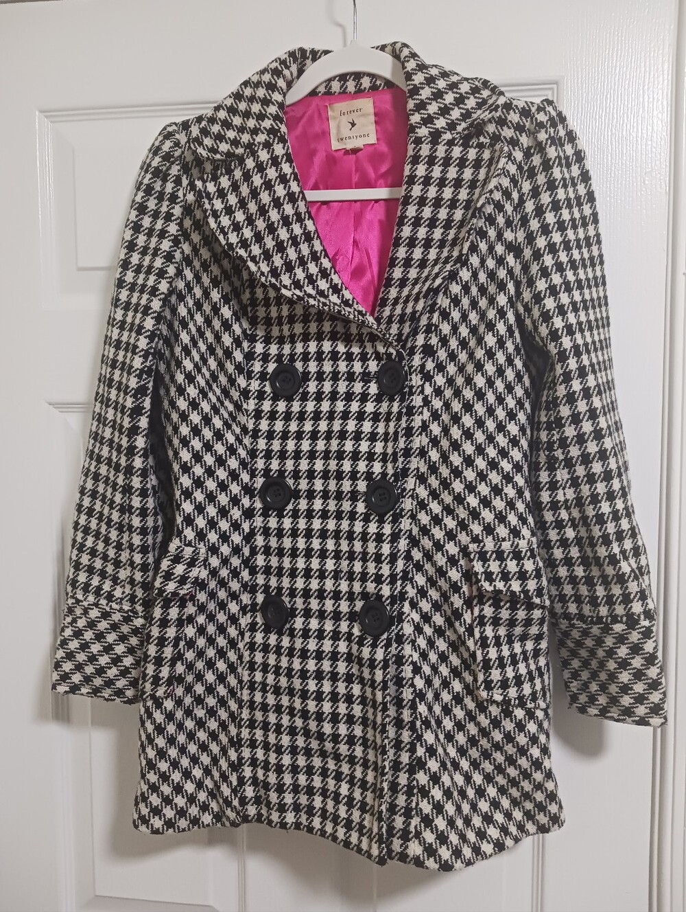 Forever 21 Womens Black White Plaid Wool Blend Pea Coat Double Breasted Lined S